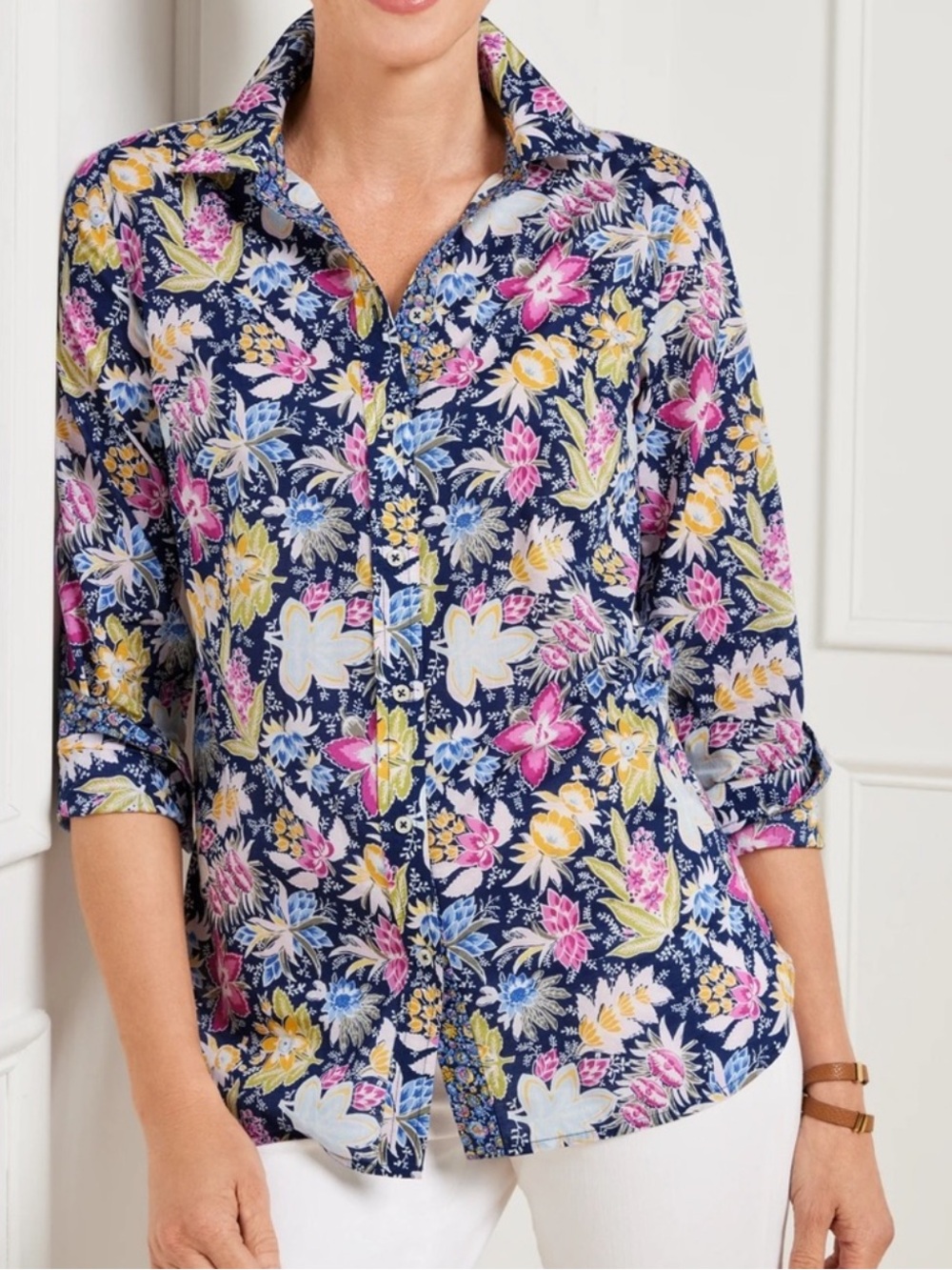 Talbots Cotton Button Front Shirt Large Multicolor Preppy Floral Resort Casual